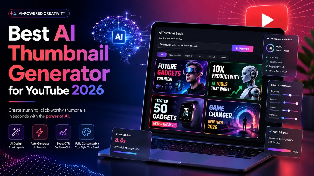 Futuristic promotional visual of an AI YouTube thumbnail studio with laptop interface, fast generation callout, and CTR-style score panel